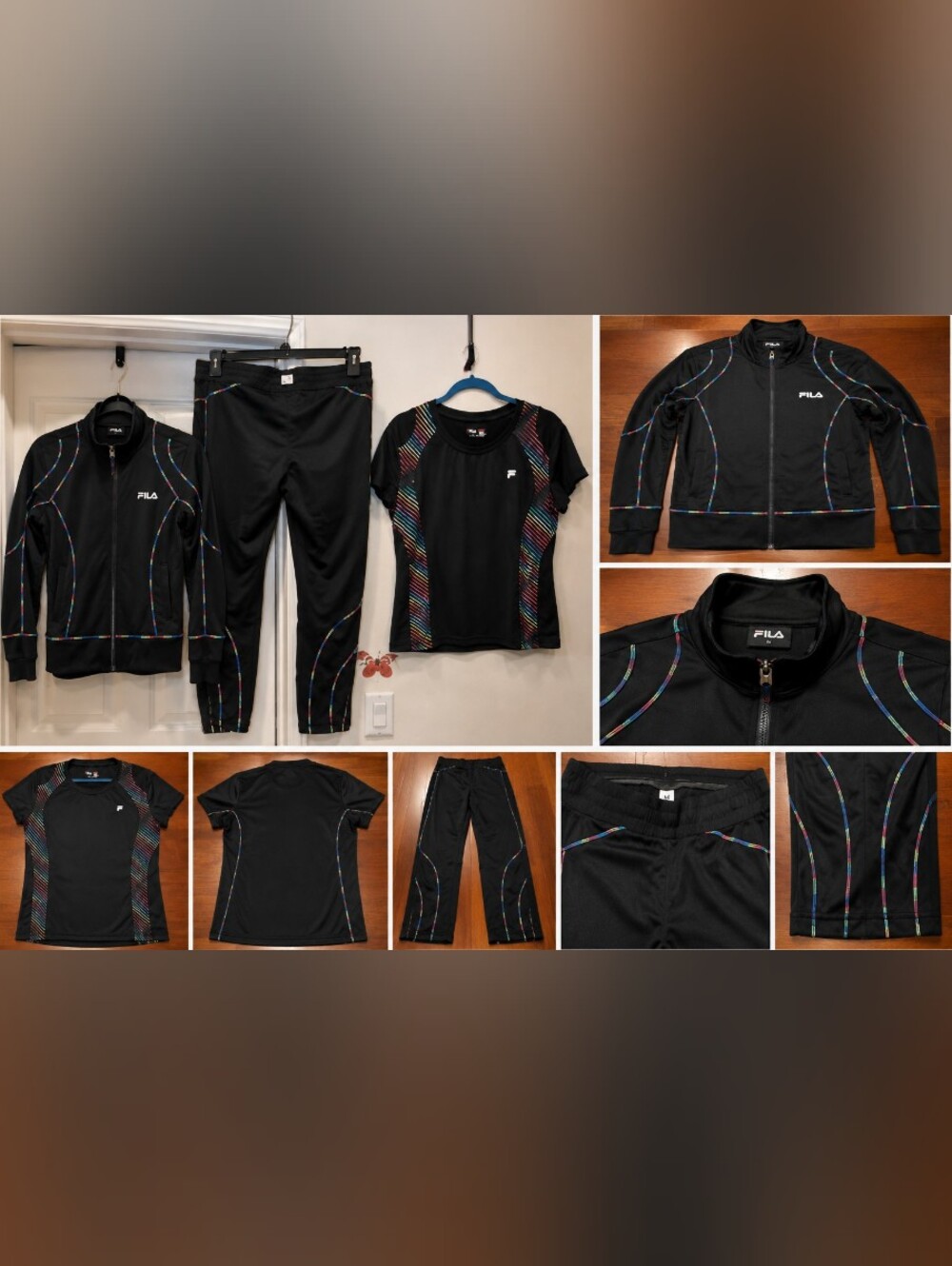 FILA Women’s 3-Piece Track Set Jacket Top & Pants Black Multicolor